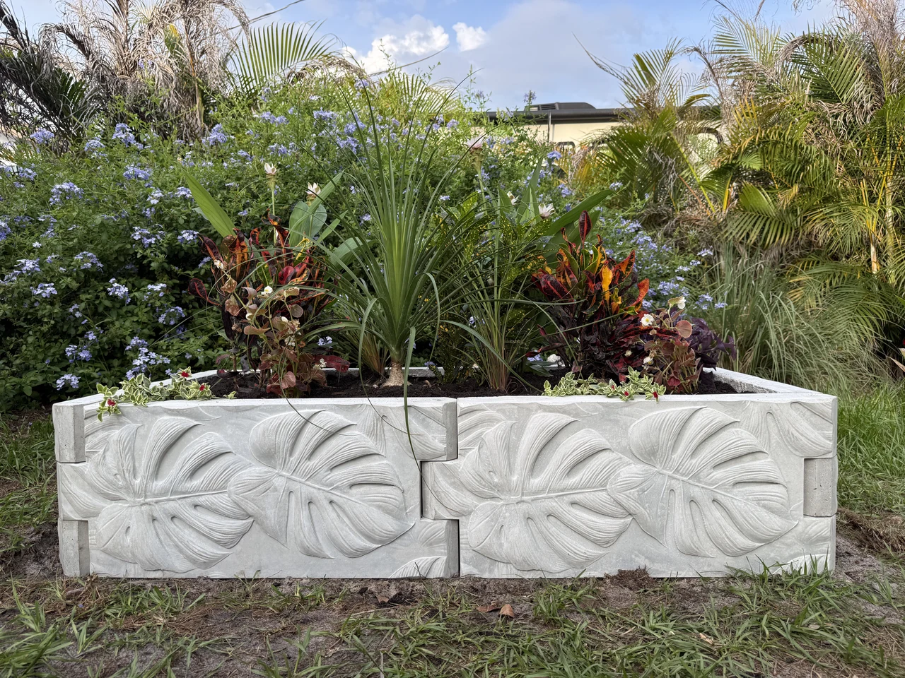 A long concrete raised garden bed filled with tropical plants