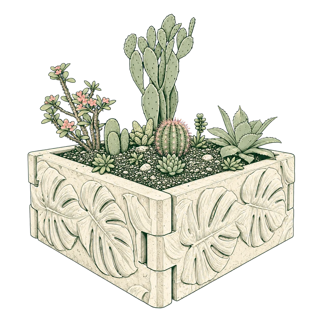 Hand-drawn illustration of a planted Radical concrete raised garden bed