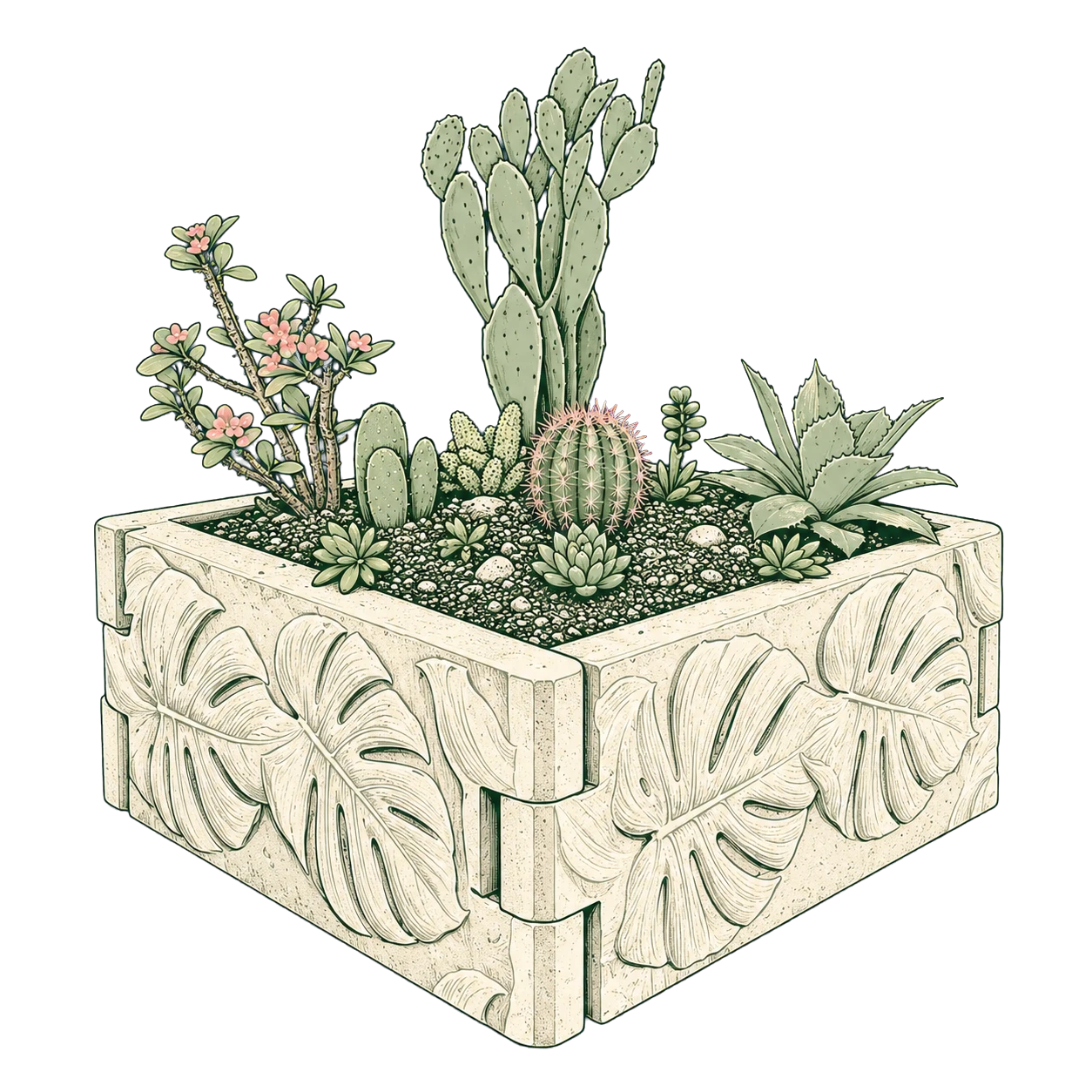 Hand-drawn illustration of a planted Radical concrete raised garden bed